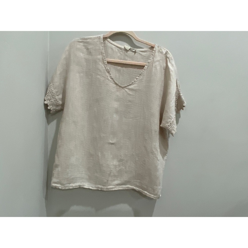 Linen Blend V-Neck Top with Crochet Lace Trim Sleeves Oatmeal Beige Womens‎